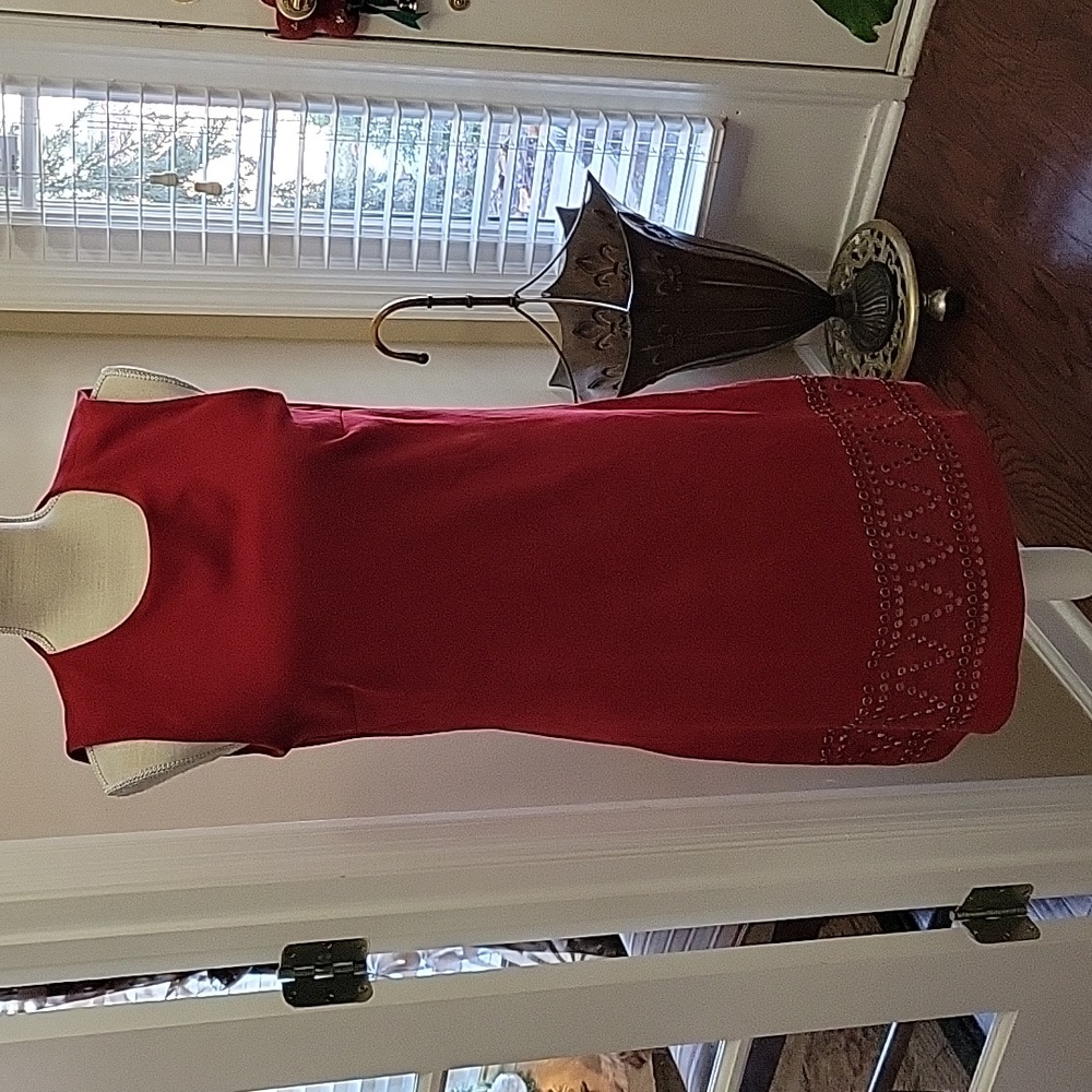 Spenser Jeremy dark red suede-like sleeveless dress beaded hem expose zipper 10…